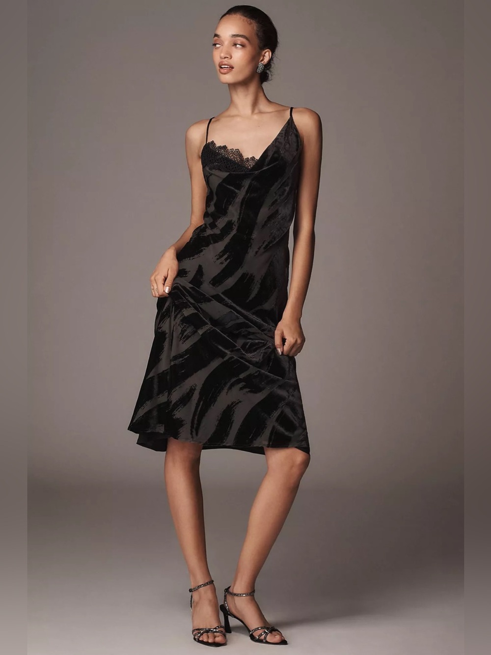 Anthropologie Cowl Neck Maxi Slip Dress Black Velvet Lace NWT XS